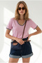 Women's Pink V-Neck Chain-Embellished Stretchy Ribbed T-Shirt Tsh-19001018 - 3