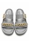 Women's Straw Look Double Buckle Chain Detailed Casual Slippers - 4