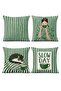 Green Striped Coffee Cat Patterned 4-Piece Throw Pillow Cover Set - 3