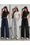 Triple Black Gray Navy Blue Wide-Leg Sweatpants Set - at Home, Sports, and Outdoors