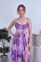 Women's Tie-Dye Patterned Backless Slit Drape Collar Corset Look Chiffon Dress Purple, Blue - 4
