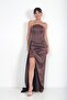 Women's Strapless Lined Long Satin Dress with Side Handkerchiefs and Underwire - 2