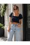 Women's Navy Blue Square Neck Plain Balloon Sleeve Crop Blouse - 2