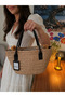 Women's Straw Beach Bag with Black Handle, Large Size Shoulder & Hand Bag, Lined, Summer Style, Natural Look - 2