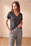 Women's Medium Gray Melange Viscose / Polyester Blend Regular Fit V-Neck Short Sleeve T-Shirt Ellis - 3