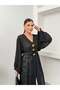Women's V-Neck Waist-Tied Gold Detailed Wide Sleeve Jacquard Patterned Long Kimono 9088 - Black - 6