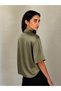 Satin Look Retro Model Loose Short Sleeve Shirt Women's Khaki - 7