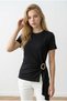 Women's Black Asymmetric Waist Gold Buckle Lace-Up Short Sleeves Lycra Knitted Fabric Blouse T-Shirt Yy101416