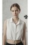 Women's White Collared Shirt with Pearls, Elastic Waist and Lace-Up Crop Design