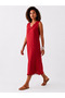 Red Pocketed V-Neck Viscose Midi Dress - 3