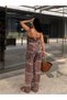 Women's Brown Ethnic Patterned Strappy Crop Bustier Chiffon Shorts Lined Wide Leg Pants Set 8086 - 4