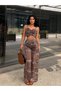 Women's Brown Ethnic Patterned Strappy Crop Bustier Chiffon Shorts Lined Wide Leg Pants Set 8086 - 3
