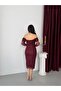 Burgundy Boat Neck Strap Sequined Midi Lace Evening Dress - 6