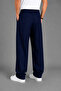 Men's Navy Blue Modern Cut Pleated Wide Leg Fabric Trousers - 5