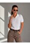 Women's Buttoned Polo Collar Openwork Short Sleeve Knitwear Blouse