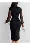 Women's Long Sleeve V Neck Sleeves Polka Dot Waist Belted Midi Crepe Dress - 5