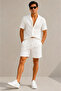 Men's 3-Piece Crepe Fabric Pocket Shirt Shorts Set Short Sleeve Lace-Up - Black, White, Beige - 3