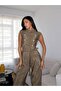 Women's Khaki High-Necked Jumpsuit with Gold Button Details and Belt - 2