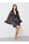 Black Satin Mesh Heart Pattern Robe - 2