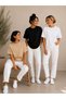 Set of 3 Beige-Black-White Oversize Women's T-Shirts - Crew Neck Cotton T-Shirt