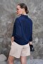Women's Navy Blue Guipure Detailed Double Pocket Linen Shirt Pc028 - 7