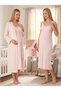 New Season Powder Striped Lace Detailed Design 100% Cotton Maternity Dressing Gown Nightgown Set with Nursing Features and Straps - 3
