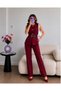 Burgundy Belted Vest, Trousers and Blazer Set with Metal Accessories - 3