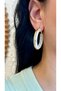 Gold Framed Pearlescent Ecru Hoop Earrings - Retro Acrylic Bone Earrings - 2
