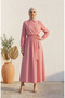 Side Tie Striped Buttoned Hijab Dress 0349-02 Red