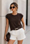 Women's Brown Cotton Modal Crew Neck T-Shirt - Short Sleeve Blouse with Accessory Detail - 4