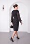 Women's Black Double-Breasted Collar Chiffon Sleeve Midi Event Dress - 6