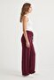 Women's Plum Color Elastic Waist Lace-Up Wide Leg Pants - 3
