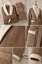 Eldy Contrast Striped Bathrobe Set, 3 Pieces, 100% Cotton Certified Şalyaka Bathrobe Set - Beige Color - 8