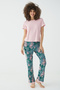 Leaf and Pink Floral Patterned Viscose Pajama Set with Satin Piping Detail - 2