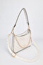 Women's Premium Zippered Patterned White Belt Strap Chain Detailed Hand Shoulder Crossbody Bag Alba - 2