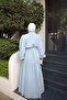 Baby Blue Balloon Sleeve Belted Striped Dress - 4