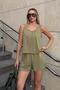 Khaki Thick Strap Draped Crop-Waist Elastic Pocket Shorts Women's Model Top and Bottom Set - 3