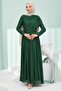 Emerald Green Evening Dress with Gathered Front and Stone Embellishments at the Neckline - 3