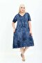 Women's Plus Size Knitted Viscose Blue Patterned Short Sleeve Stylish Combed Cotton Dress - 4