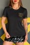 Plus Size Pocket Detailed Crystal Stone Short Sleeve Crew Neck Stylish Cotton Black Women's T-Shirt T-Shirt