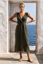 Khaki Double-Breasted Collar Sleeveless Robe with Elastic Shoulder Gathering Casual Muslin Long Woven Dress 120 52 - 4