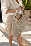 Women's Gold Pearl Detailed Straw Shoulder Bag Large Size Zippered Daily Summer Beach Bag - 2