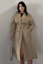 Women's Long Linen Trench Coat |   Double-Breasted Collar Belted Double-Button Oversized Trench Coat - 2