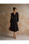 V-Neck Pleated Balloon Sleeve Black Midi Dress 582757 - 3