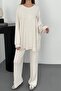 Women's Ecru Sweatshirt-Pants Set Ribbed Textured Oversized Crew Neck Sweatshirt and Wide Leg Pants - 5