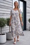 Italian Beige Pool Collar Short Sleeve Flared Cut Printed Casual Viscose Long Woven Dress 120 62 - 5