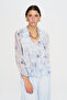 Women's V-Neck Ruffled Floral Patterned Blue Shirt