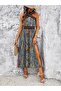 Women's Off-The-Shoulder Open Front Collar Cross Elastic Ethnic Patterned Slit Long Single Jersey Dress - 2