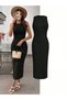 Women's Black Sleeveless Crew Neck Ribbed Camisole Waist Gathered Midi Length Pencil Dress