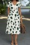 Women's White Green Floral Patterned V-Neck Short Sleeve Pocketed Flared Midi Length Casual Dress